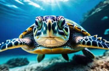 A turtle swims underwater in the blue sea. Wild aquatic animal