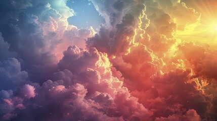 In the sky, vibrant hues blend harmoniously, painting a vision of hope through psychedelic rainbow clouds. - obrazy, fototapety, plakaty