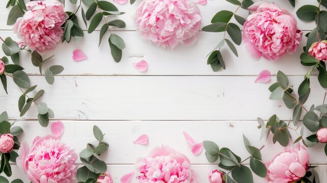 peony flowers and eucalyptus leaves arranged on a clean white wooden background, with top-down perspective and ample copy space for versatile usage.