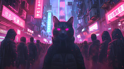 Neon Samurai Cat in City Alley
