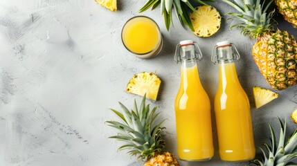 pineapple juice served in a glass and bottle, set against a white concrete background adorned with...