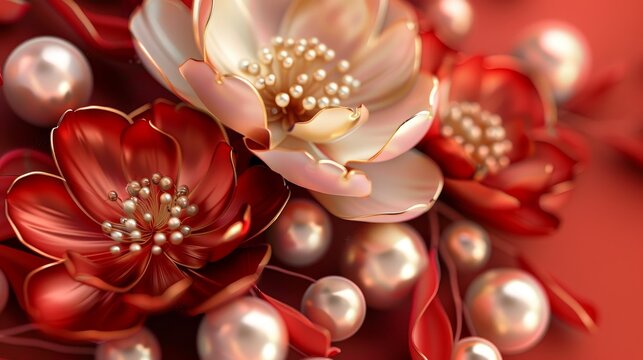 Abstract background with pearls and flowers in red