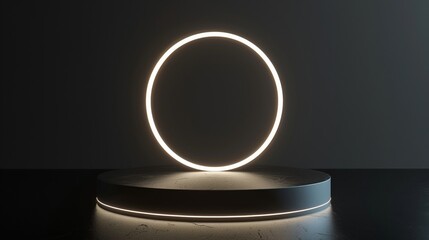 Cylinder podium bathed in the glow of a circular neon lamp, set against a matte black background for dramatic effect