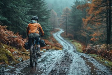 A mountain biker carrying gear tackles a damp, winding trail through a misty, autumn-tinted forest