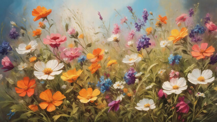 Fototapeta na wymiar Exquisite floral background with vibrant wildflowers blooming in a meadow, captured in stunning oil painting.