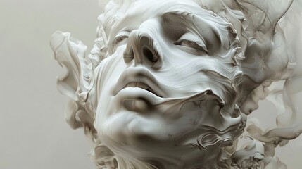Artistic rendering of a classical face sculpture melting, its contours flowing elegantly against a stark solid color backdrop