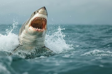 Detailed capture of a great white shark leaping out of the ocean with jaws wide open, showing sharp teeth and raw power
