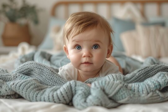 A bewildered-looking baby with captivating eyes sprawls on a bed covered with a blue knit blanket, depicting youth and curiosity
