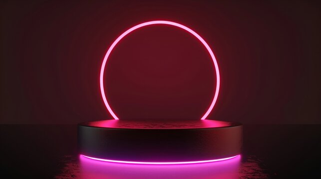 A sleek cylinder podium bathed in the glow of a circular neon lamp, set against a matte black background for dramatic effect