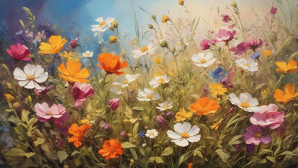 Exquisite floral background with vibrant wildflowers blooming in a meadow, captured in stunning oil painting.