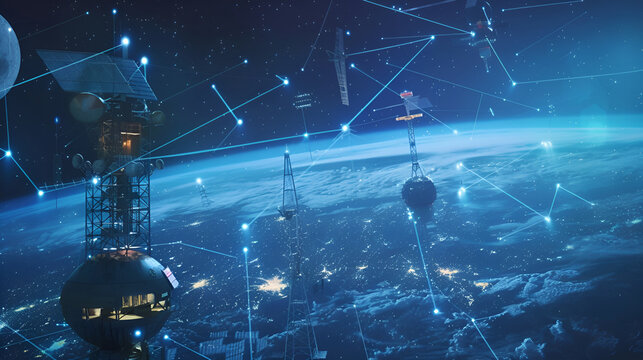 Satellites sending datas exchanges and futuristic connections system over the globe 3D rendering,Planets on a blue galaxy background. Space station in orbit of exoplanet. Science fiction. 

