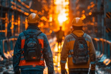 Obraz premium Captivating image of two workers in hard hats walking through a bustling construction site at sunset