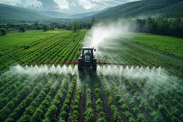 Aerial view of a tractor spraying pesticides over lush green crops in a rural field emphasizing...
