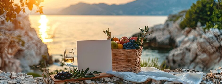 a Mediterranean summer picnic with a stunning photograph showcasing a straw bag adorned with pita bread, olive oil, and a white card, nestled on the rocky shores of an island under the warm sun.