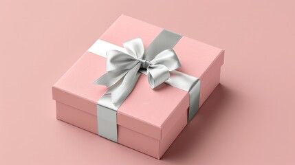 Obraz premium a pink gift box adorned with a silver ribbon, set against a soft pastel pink background, showcasing a minimalist concept in a flat lay view.