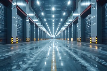 A vast empty industrial warehouse with a glossy floor and striking blue lighting creating a futuristic ambiance