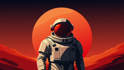 Against the backdrop of a fiery red nebula an astronaut stood confidently on the surface of a newly discovered moon. Their suit equipped with - obrazy, fototapety, plakaty