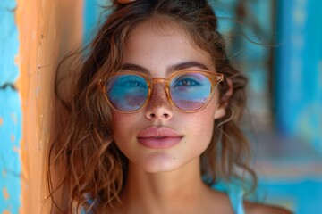 Attractive woman with curly auburn hair and freckles wearing clear-framed glasses by a blue wall