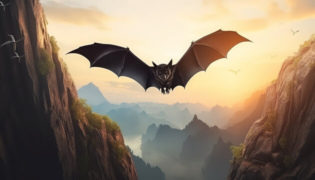 Bat flying at sunset over rocks