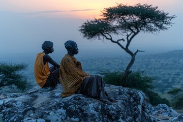 Two people sitting serenely on a rock, gazing over the vast African savannah at sunset, reflecting...