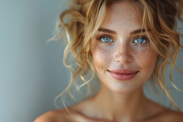 Close-up of a joyful young woman with freckles and blue eyes looking at the camera - obrazy, fototapety, plakaty