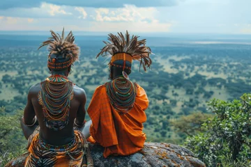 Foto op Canvas Two people in traditional tribal dress observing the grandeur of the African landscape from atop a rocky vantage point © Larisa AI