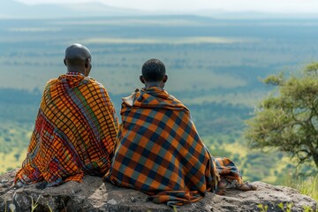 Two individuals wrapped in orange checked shawls absorb the beauty of the vast savanna landscape