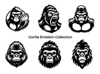 Vector set of gorilla heads isolated on a white background. Monochrome illustration.