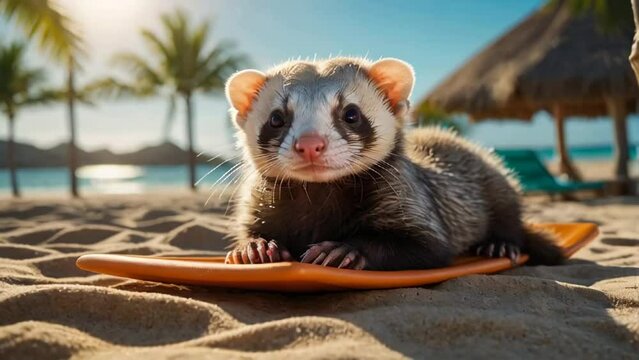 cute funny cartoon ferret on the beach