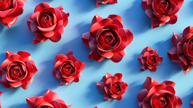 Seamless pattern with red roses on blue background.