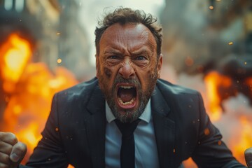 Fototapeta premium Intense male figure screaming with a fire explosion backdrop, depicting alarm and urgency