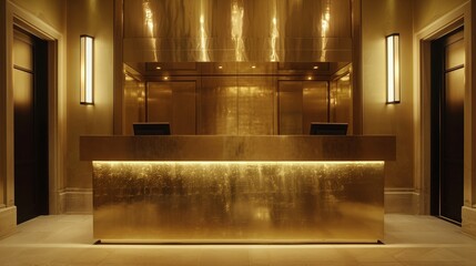 A polished brass concierge desk gleaming under the soft glow of overhead lights. - obrazy, fototapety, plakaty