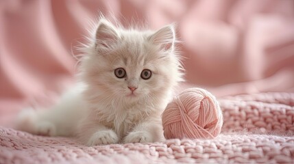a white kitten as it plays gleefully with a pink ball of yarn against a soft pastel background, ensuring high-quality imagery that embodies pure joy.