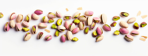 Diverse pistachios scattered casually, some open with the nut visible, on a bright white background, creating a natural pattern.