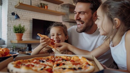 a happy family bonding over pizza at home, with parents and daughter seated around the table in a modern living room, the TV providing background entertainment.