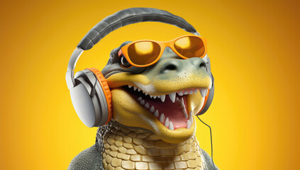 Groovy dinosaur in orange shades and headphones, exuding a fun, music-loving persona against a...