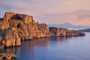Beautiful View Acropolis Lindos Rocks Beautiful Sea Lit By Early Morning Sun Rhodes Island Is...