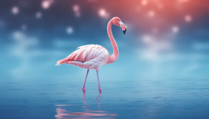 Pink flamingo on blue sky and river