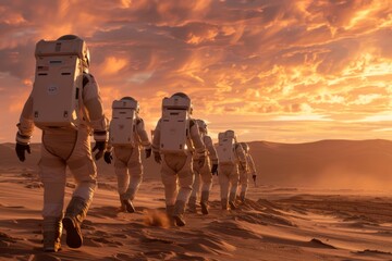 Astronauts marching on dunes against a Martian sky, evoking themes of exploration, teamwork, and future missions - obrazy, fototapety, plakaty
