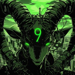 A green cyborg goat head with the number 9 on its forehead is in the center of the image. The background is a city at night with a green glow.