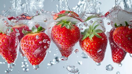 Multiple strawberries suspended in air with splashes of water and ice   AI generated illustration