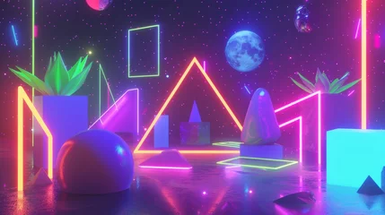  Neon colored shapes soaring through a digital landscape 3d style isolated flying objects memphis style 3d render   AI generated illustration © ArtStage