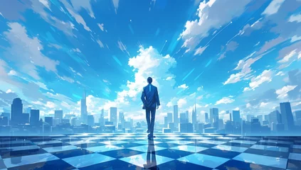 Foto auf Acrylglas A businessman stands on the chessboard, with skyscrapers in perspective and a cloudy sky above. The background features an urban landscape with tall buildings and clouds.  © Photo And Art Panda