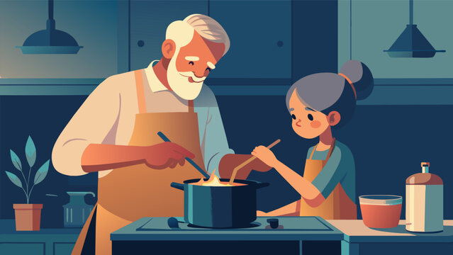 The flickering light of a stovetop flame as a grandfather shares his love for cooking with his granddaughter through the preparation of a