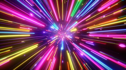 Obraz premium Neon lines converging in a psychedelic explosion of color 3d style isolated flying objects memphis style 3d render AI generated illustration