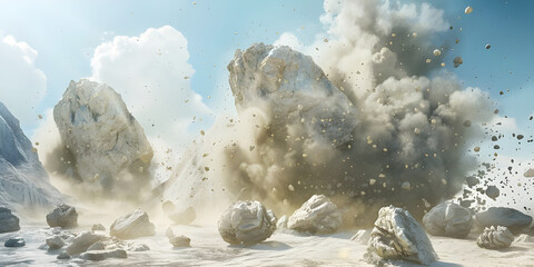 Massive rocks crashing into the ground with dust - Ai Generated