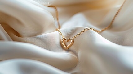 a golden necklace adorned with a heart pendant, set against a soft white fabric background, in a simple yet feminine composition accentuated by the gentle glow of sunny light.