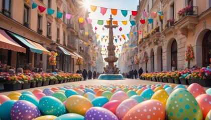 A festive city street adorned with Easter decorations and a vibrant display of colorful eggs and bunting.. AI Generation