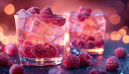 Close up of two nicely decorated cocktail glasses filled with a pink gin tonic beverage with frozen berries 