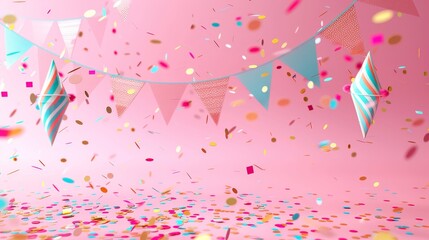 Party banners hanging in a celebration scene 3d style isolated flying objects memphis style 3d render  AI generated illustration